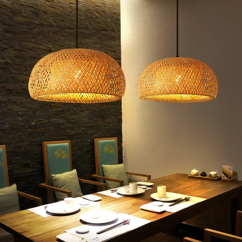Bamboo woven lantern pendant light hanging in minimalist Japandi interior