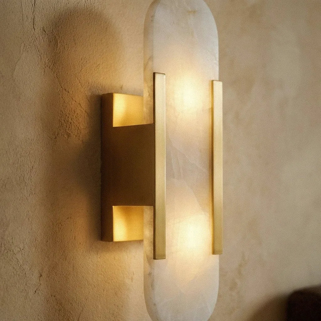 Alabaster wall lamp installed in hallway interior setting