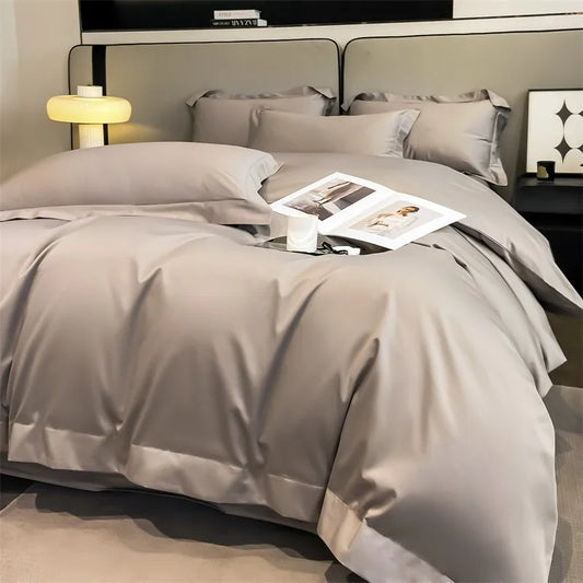 White Egyptian cotton bedding set styled in a calm minimalist bedroom