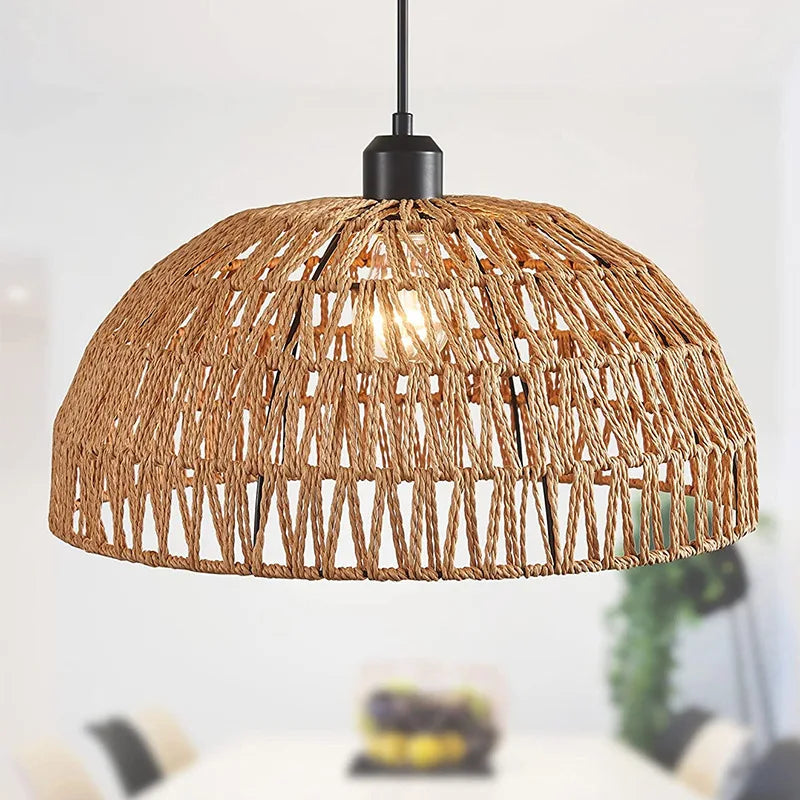 Woven rattan pendant light in warm Japandi bedroom interior with soft ambient lighting