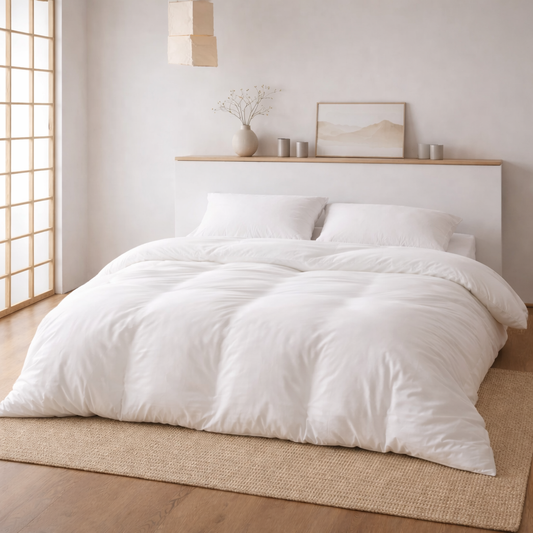 White comforter on a bed in a bright bedroom with wooden flooring and a shelf